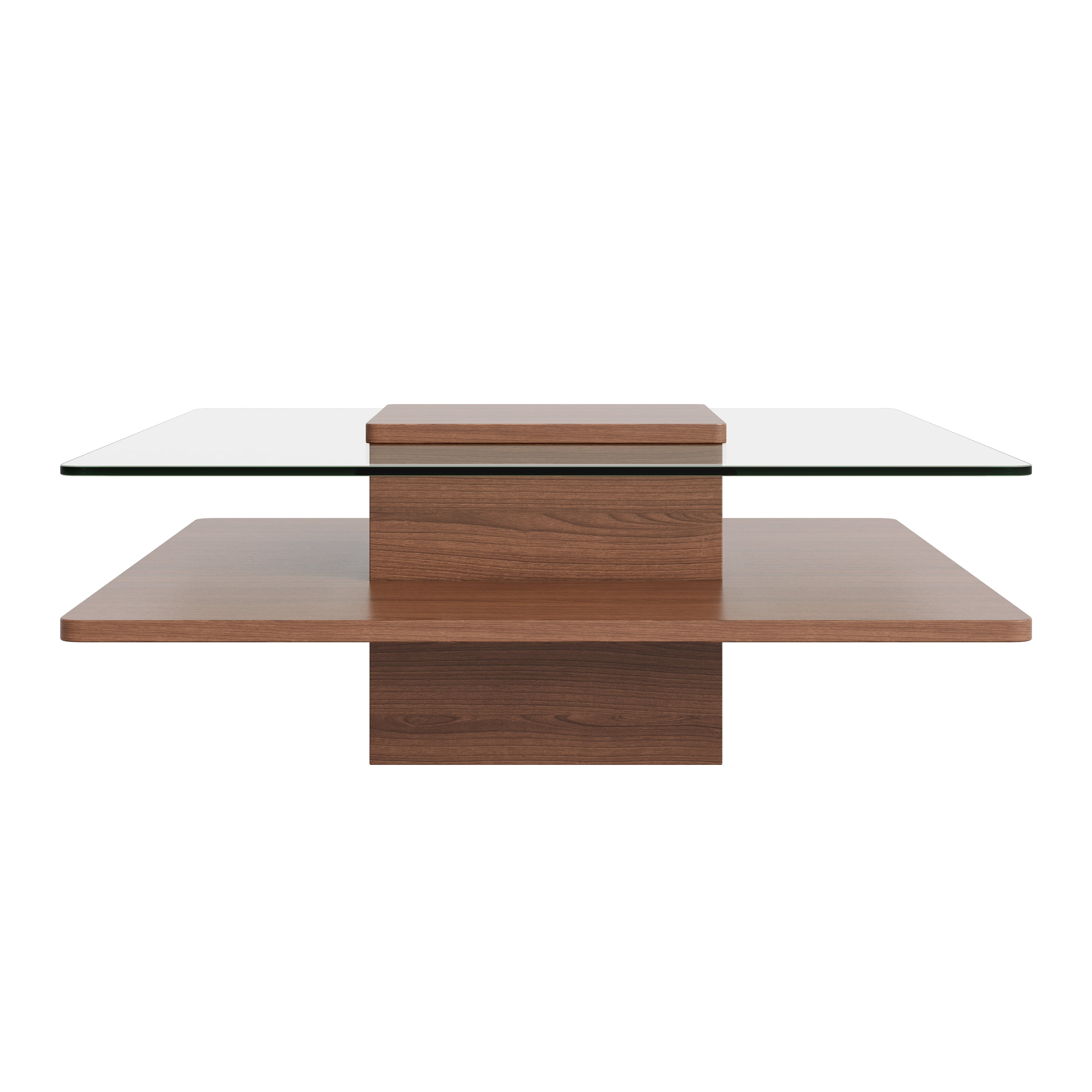 The Square Coffee Table with Clear Tempered Glass Top and Storage Shelf, Walnut Finish, 31.5"
