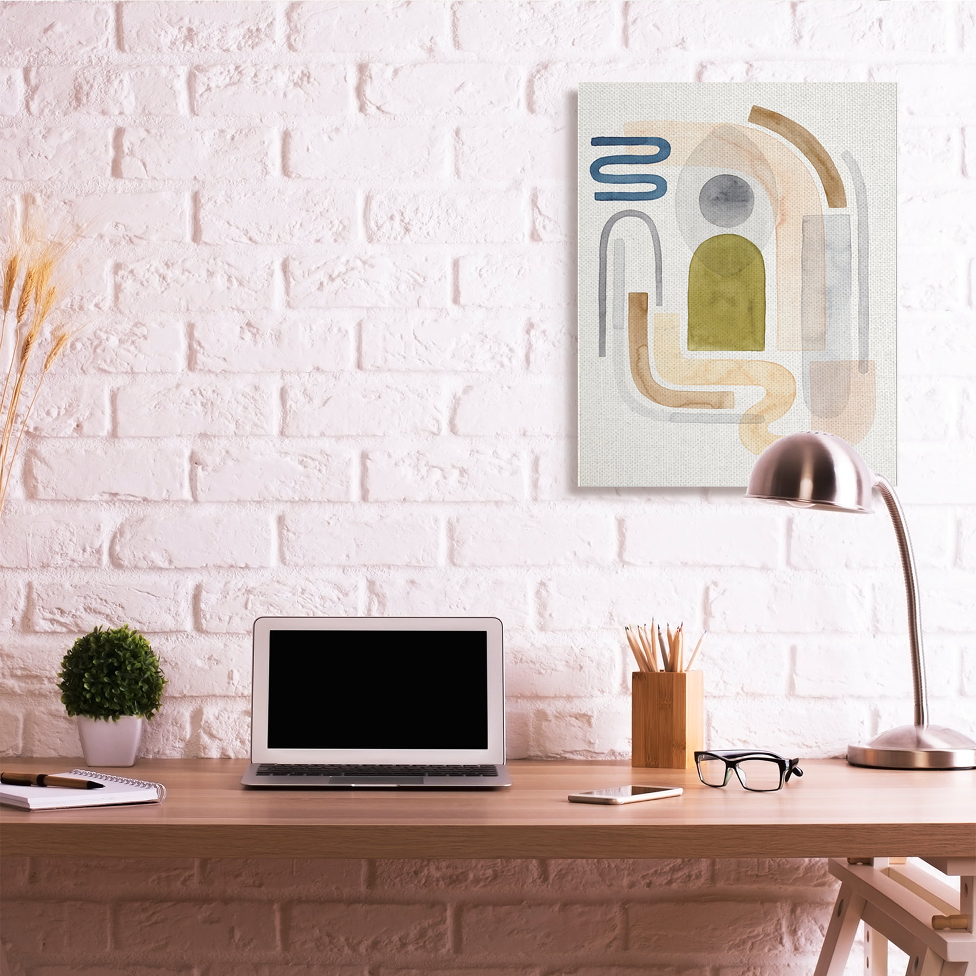 Stupell Industries Deco Shape Abstraction Neutral Blue Beige Curves Abstract Painting Gallery Wrapped Canvas Art Print Wall Art, 30 x 40