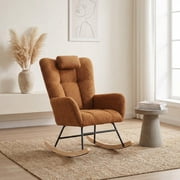 TROPOW Rocking Chair, Teddy Upholstered Glider Rocker, Nursery Glider Rocker with Wood Legs & Dual Side Pockets, Nursery Rocking Chair for Living Room, Bedroom