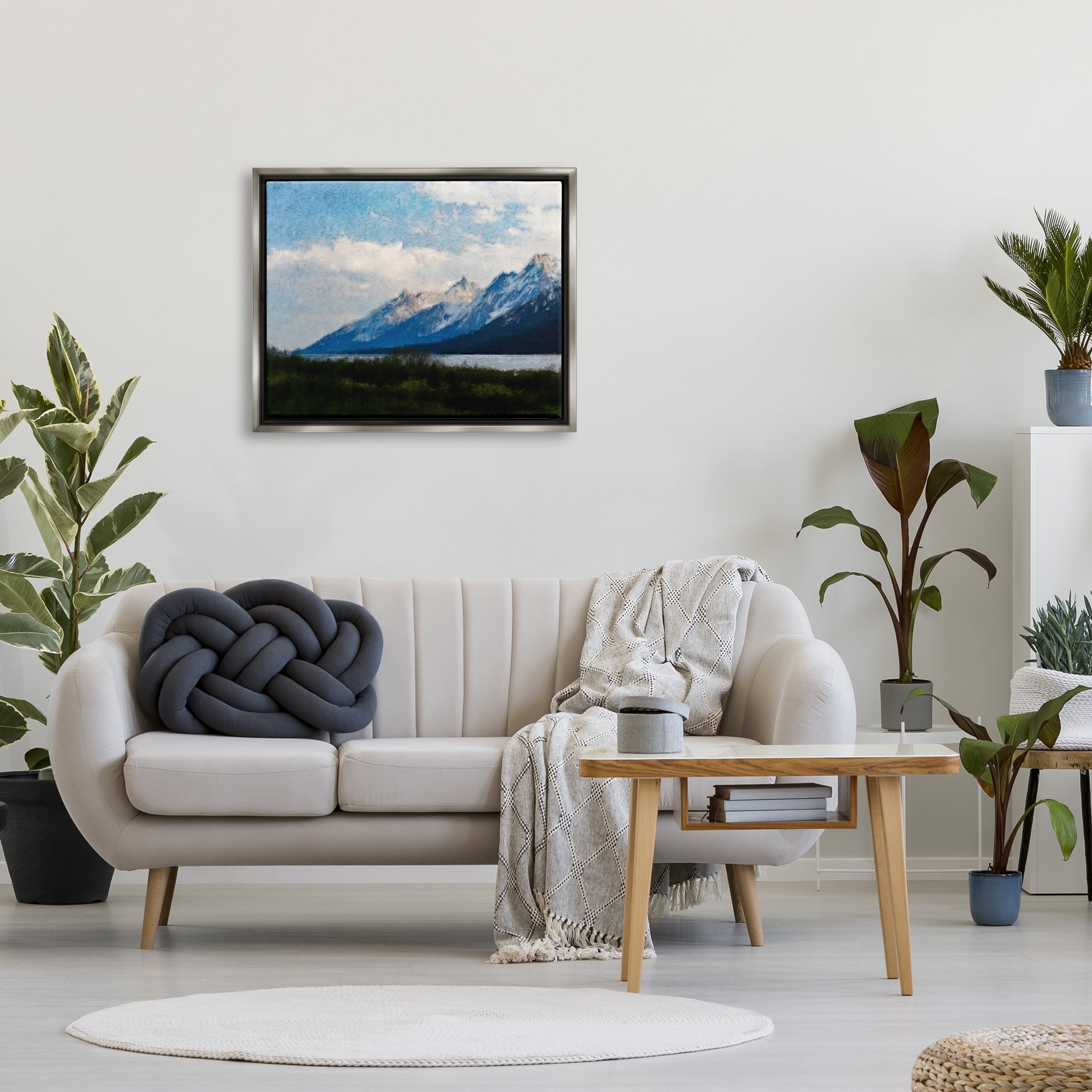 Stupell Industries Mountain & River Landscape Landscape Painting Gray Floater Framed Canvas Art Print Wall Art, 31 x 25