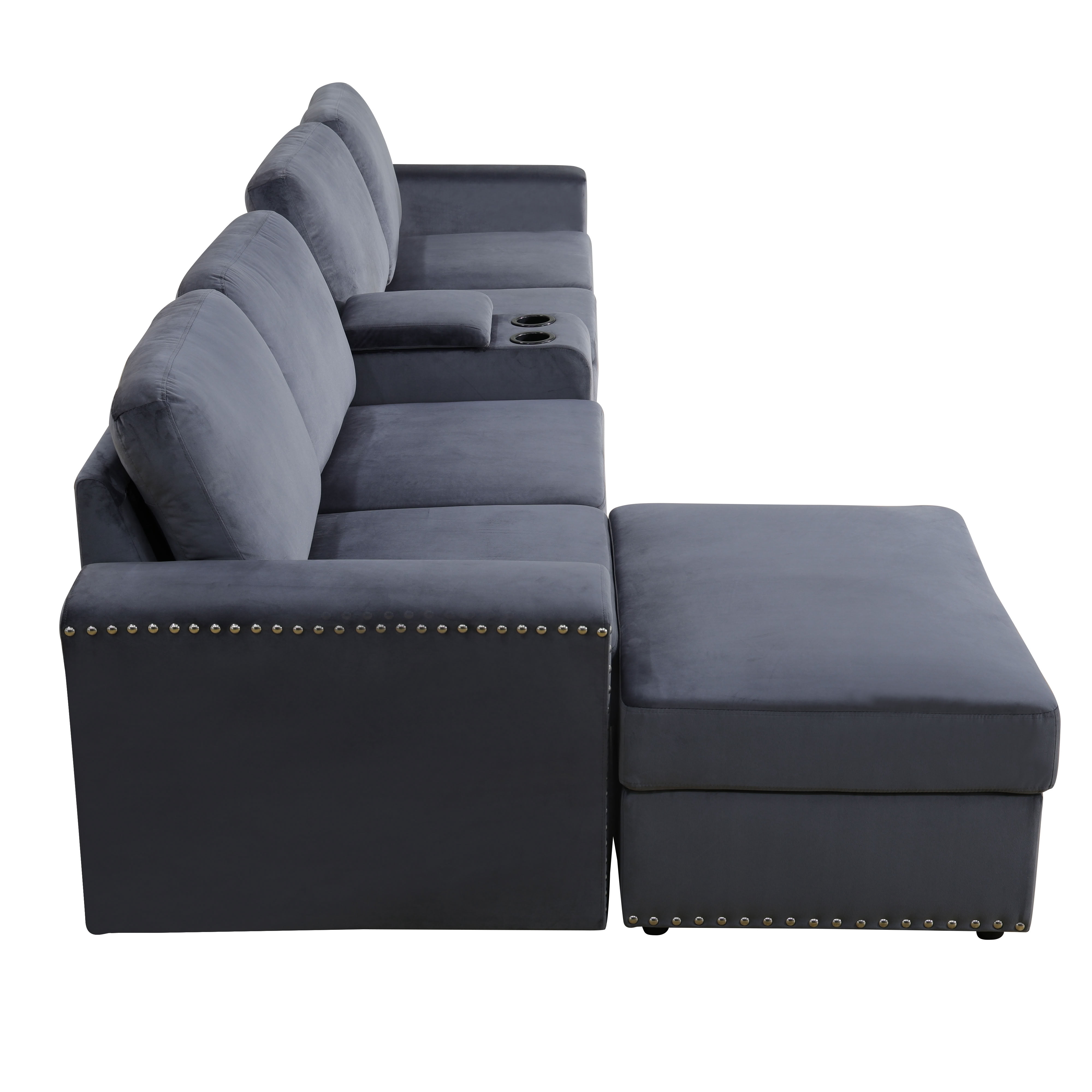 MAYEERTY Modular Sectional Sofa Set, Convertible Upholstered Couch with Ottoman, Console & Cup Holders, for Living Room Family Room Apartment, Dark Grey
