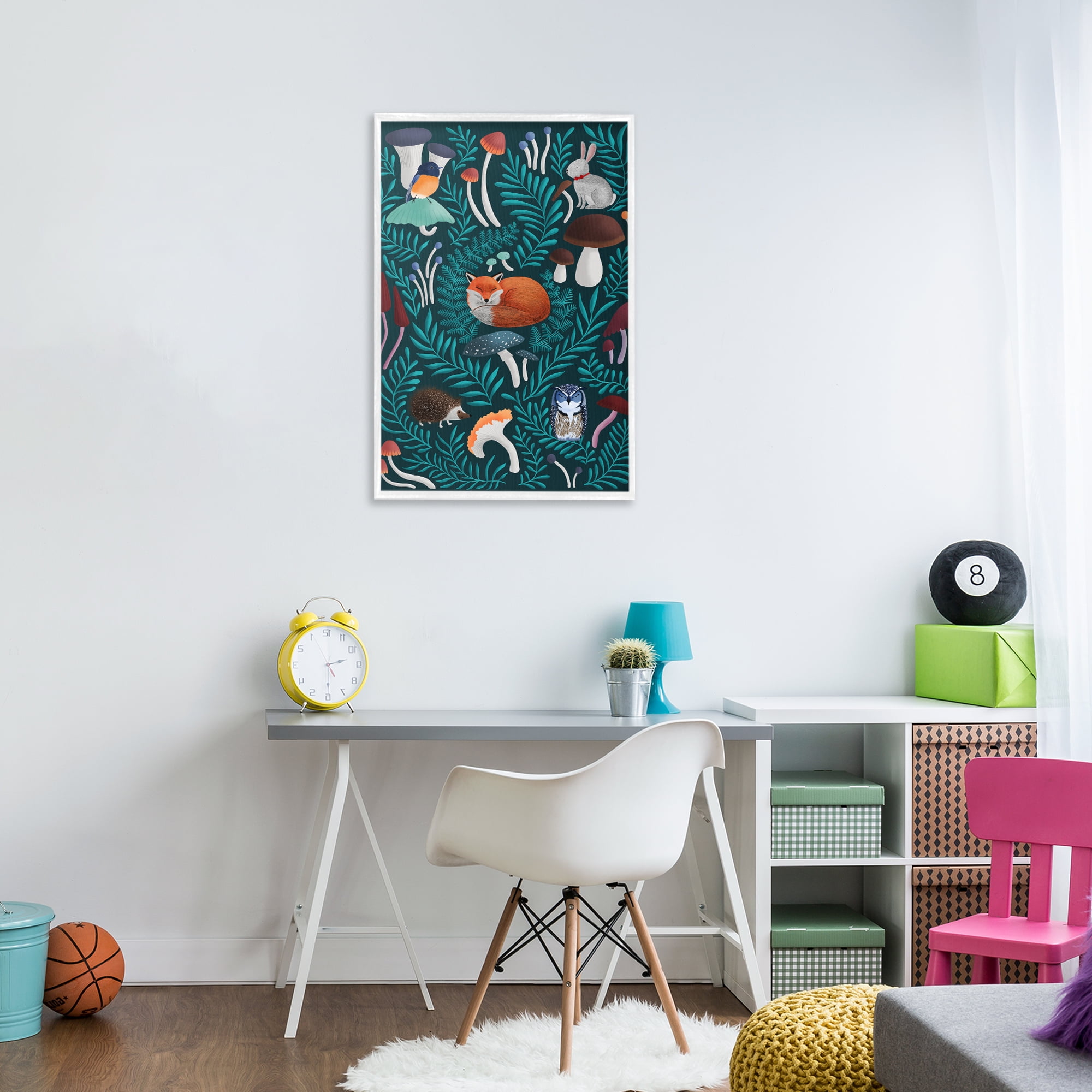 Woodland Animals & Botanical Sprigs White Framed Giclee Art, design by Metka Hiti