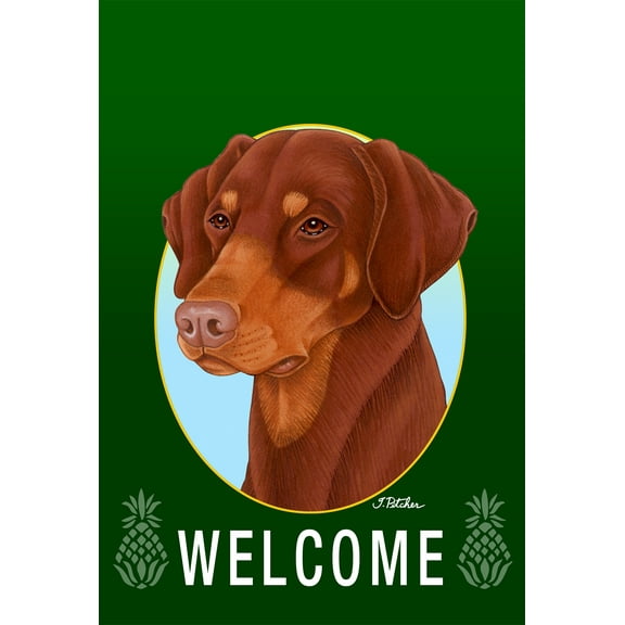 Doberman Red Uncropped - Best of Breed Welcome Pineapples Garden Flags. Flag is 12" x 17"