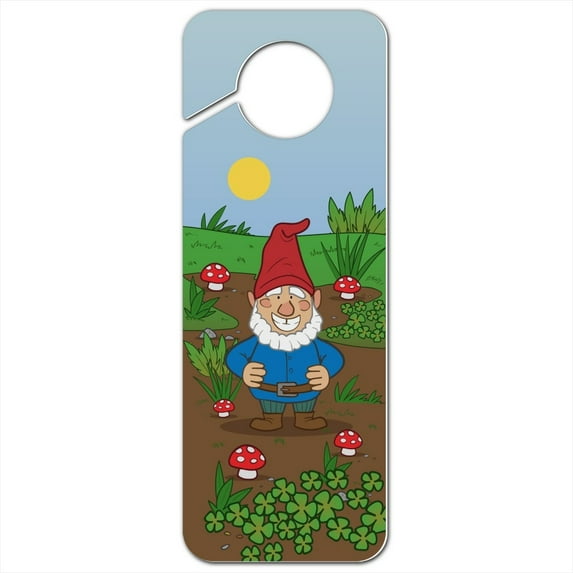 Garden Gnome with Toadstools Plastic Door Knob Hanger Sign