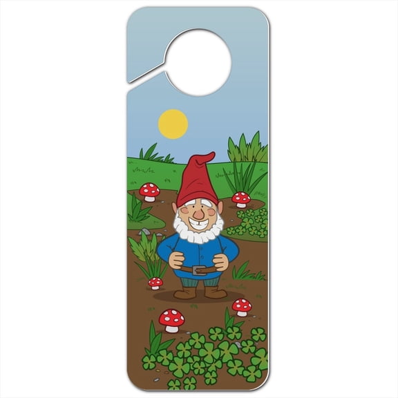 Garden Gnome with Toadstools Plastic Door Knob Hanger Sign