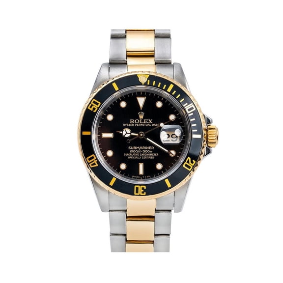 Pre-Owned Rolex Submariner Date 40MM 16803 Black Dial Black Ceramic Bezel Two Tone Yellow Gold Oyster Bracelet