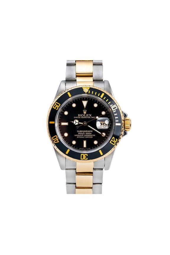 Pre-Owned Rolex Submariner Date 40MM 16803 Black Dial Black Ceramic Bezel Two Tone Yellow Gold Oyster Bracelet