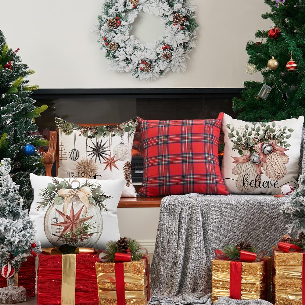 Christmas Pillow Covers 20x20 inch Set of 4 Christmas Tree Gloves Hello Winter Decorative Throw Pillow Covers Winter Farmhouse Decoration for Home Couch