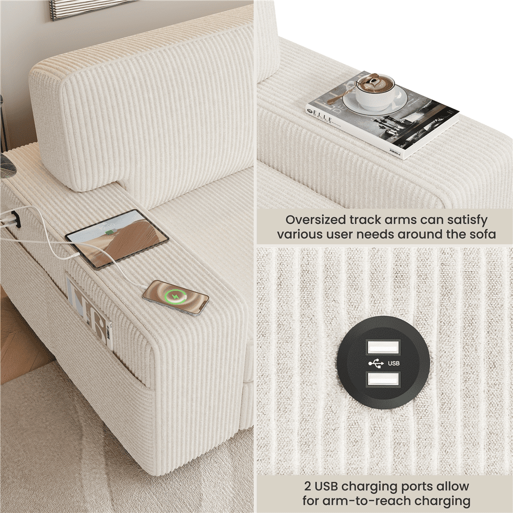 Renwick 83.5'' W 2-Seater Modern Corduroy Fabric Sofa Couch with USB Charging Ports, All Ages, Ivory