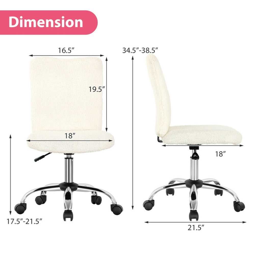 Demi Bonn Armless Faux Fur Leisure Office Chair with Adjustable Swivel, Rolling Work Computer Desk Chair for Home, Bedroom, Study, White