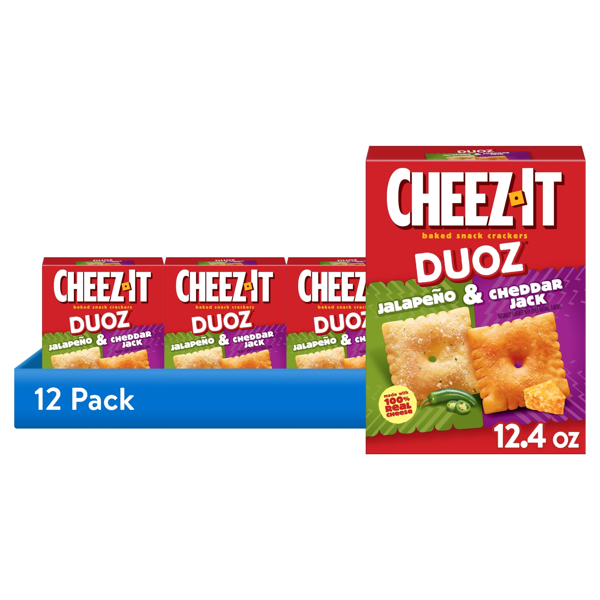 (12 pack) Cheez-It DUOZ Jalapeño and Cheddar Jack Baked Snack Crackers, Lunch Snacks, 12.4 oz