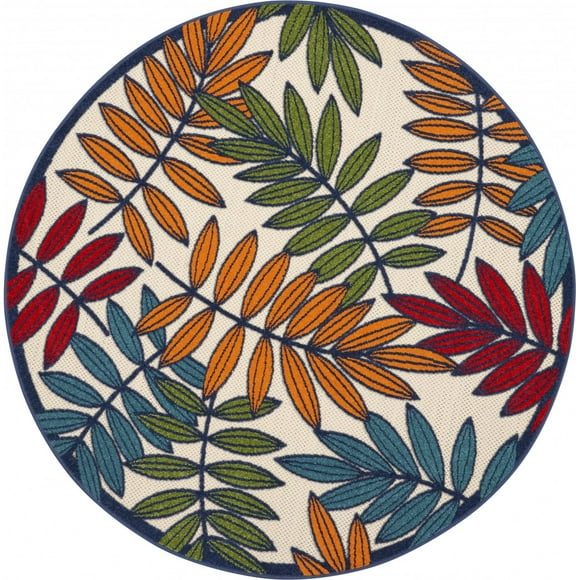 homeroots outdoor 384944 5’ Round Multicolored Leaves Indoor Outdoor Area Rug
