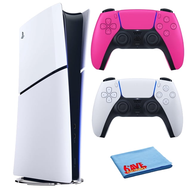 PlayStation 5 Slim, consola PS5 edición digital para videojuegos, paquete de almacenamiento SSD integrado de 1 TB con controlador inalámbrico Sony PS-5 DualSense adicional - Nova Pink y accesorios
