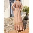 thumbnail image 4 of Women's Boho Short Sleeve V Neck Lace Wrap High Waist Dress Floral Beach Bohemian Ruffle Maxi Dress, 4 of 5