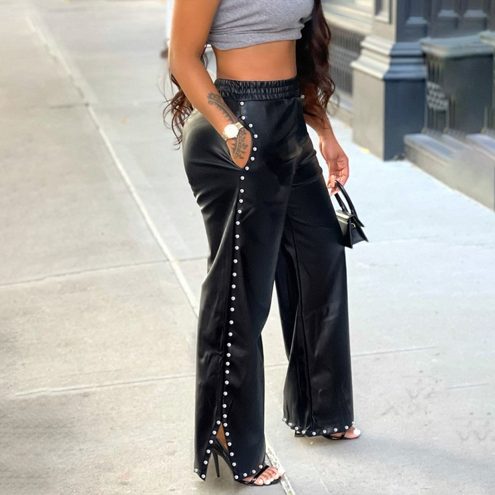 SuTry Women's Wide Leg Faux Leather Pants Rivets Pearls Elastic Waist Trousers with Pockets Leather Pants Mid Rise Novelty Studded Pants(Black,Black)