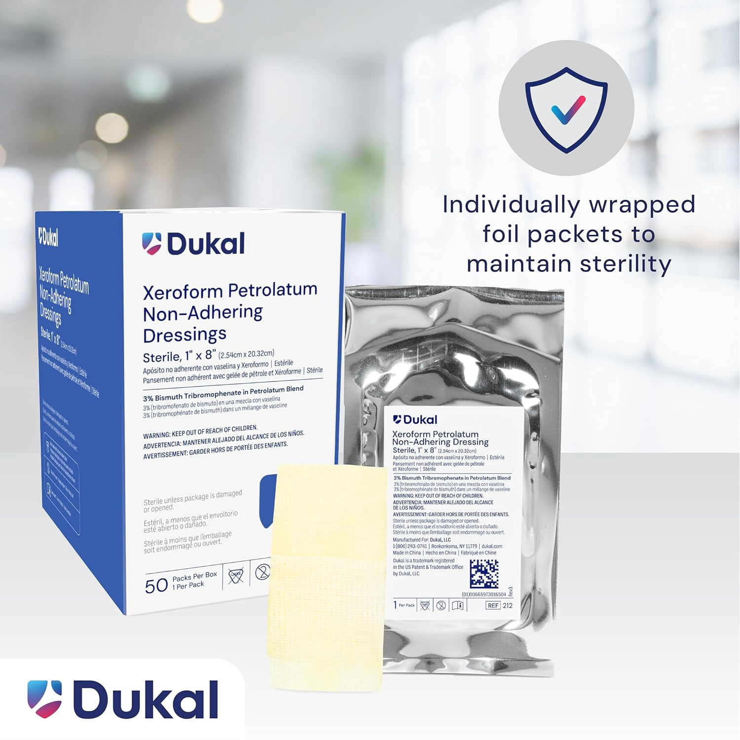 Dukal Xeroform Gauze – 1" x 8", Sterile Non-Adherent Dressing - 1 Pack (50 Count)