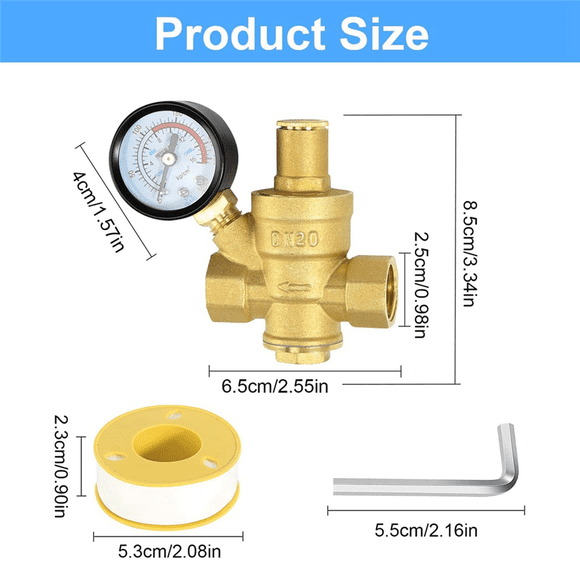 2X Water Pressure Regulator 3/4In with Gauge, Adjustable Water Pressure Reducing Valve for Water Pressure Regulator DN20
