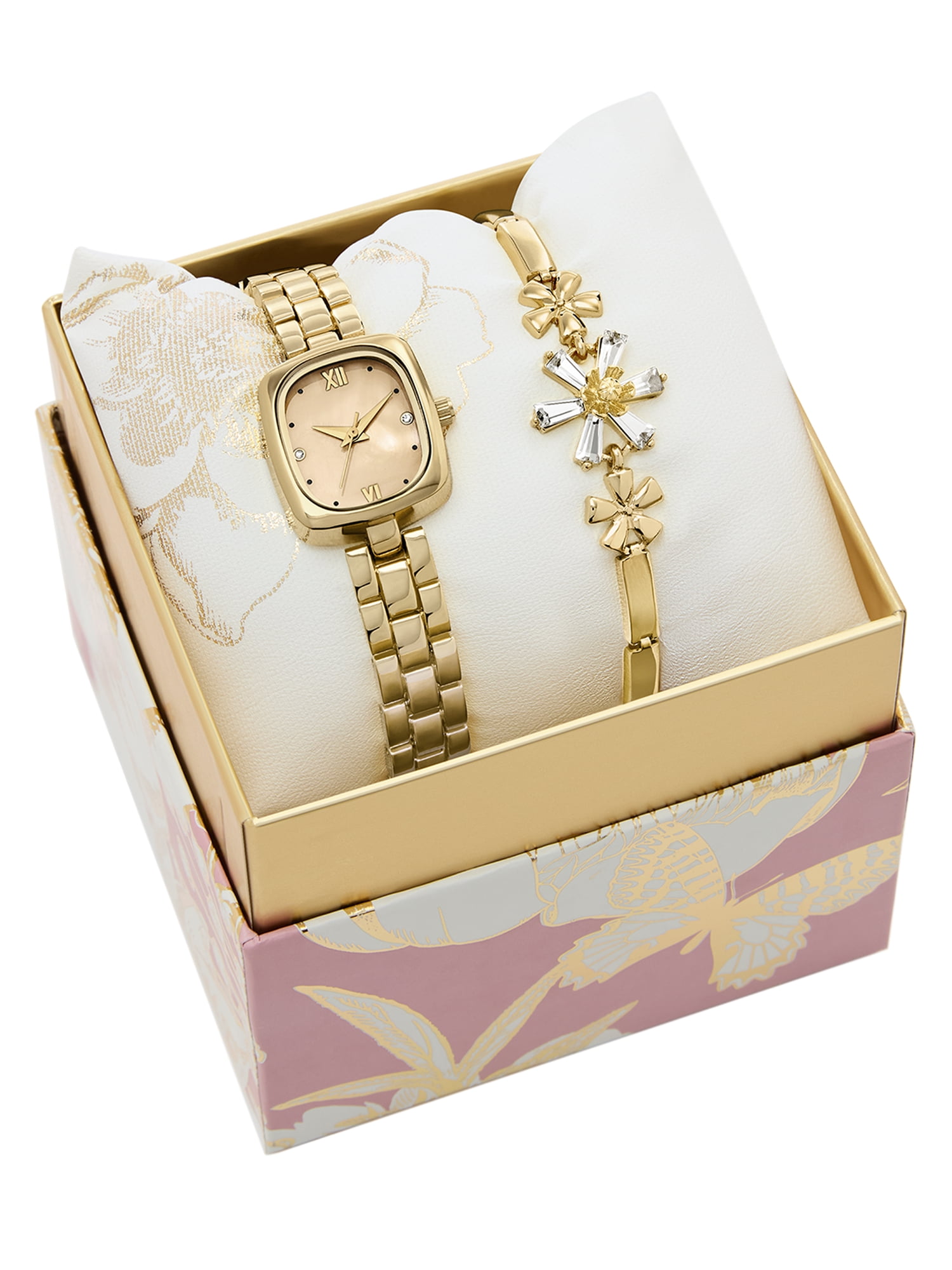 Folio Women’s 2pc Watch & Bracelet Set; 20mm Rectangle Alloy Case, Metal Bracelet, Gold, FMDAL1226