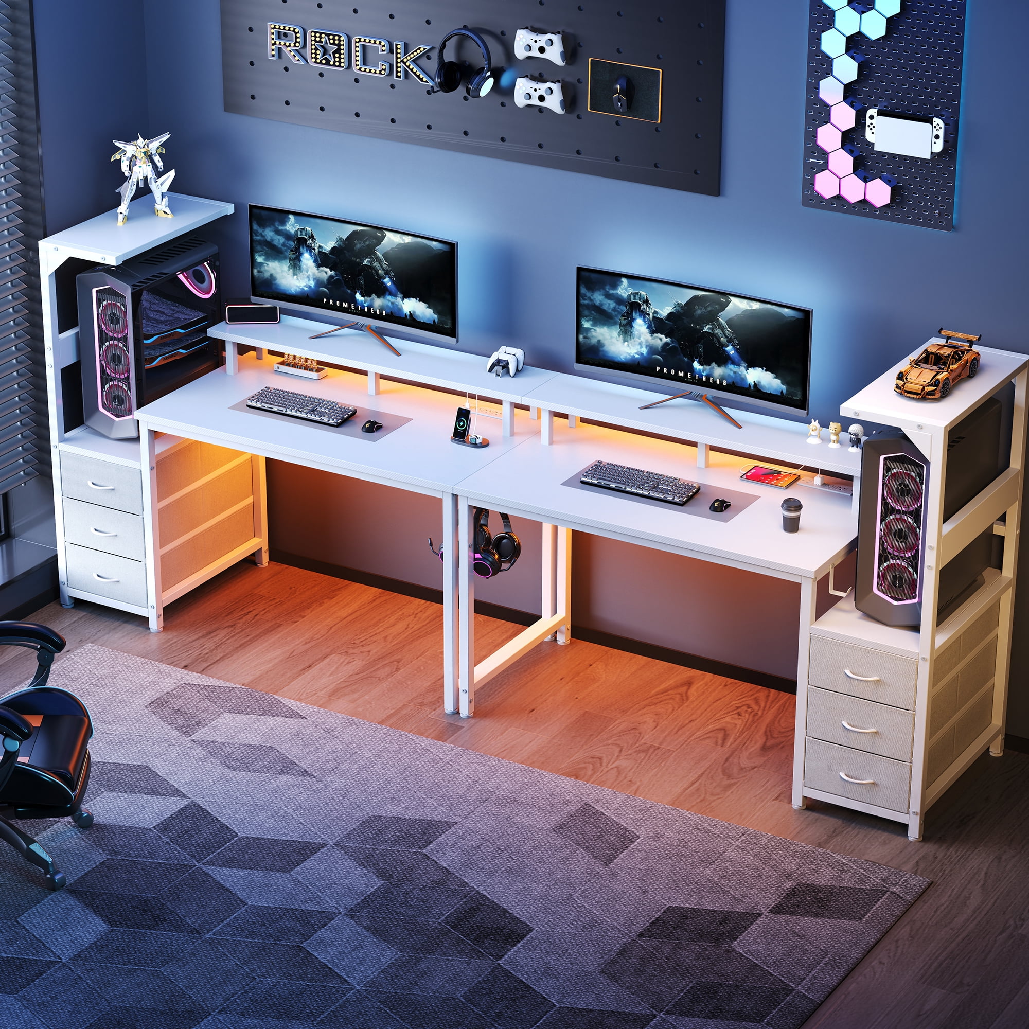 CONCETTTA Gaming Desk, 52 Inches, With Shelf Storage Drawers, White Computer Desk With Led Lights And Power Sockets, Office Wooden Desk With Pc Stand And Cable Management