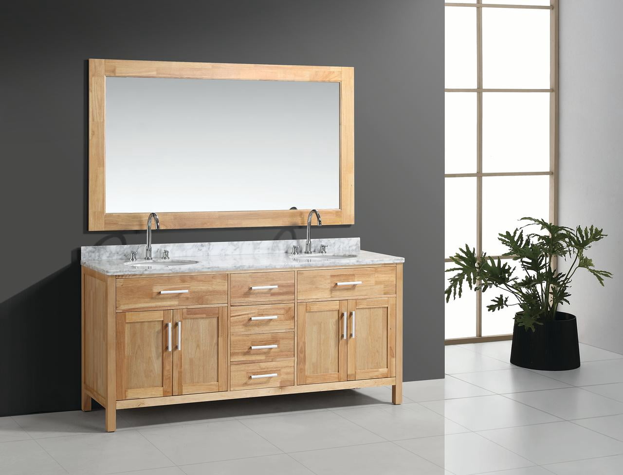Design Element London 72" Double Sink Bathroom Vanity Set in Honey Oak Finish with Carrara Marble Top