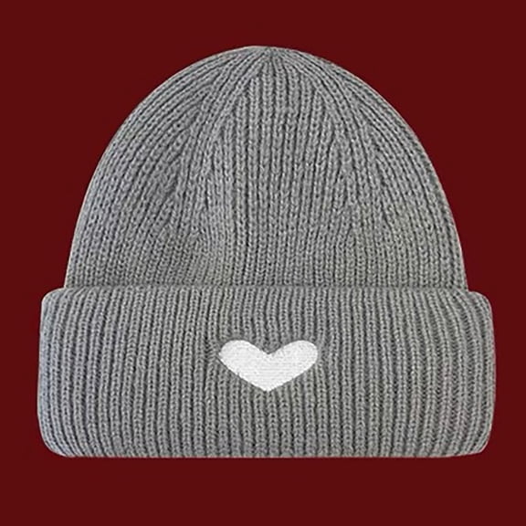 absanyy Women's Gray Heart Embroidered Beanie - Free Size, Warm Winter Accessory, Cute Ribbed Knit