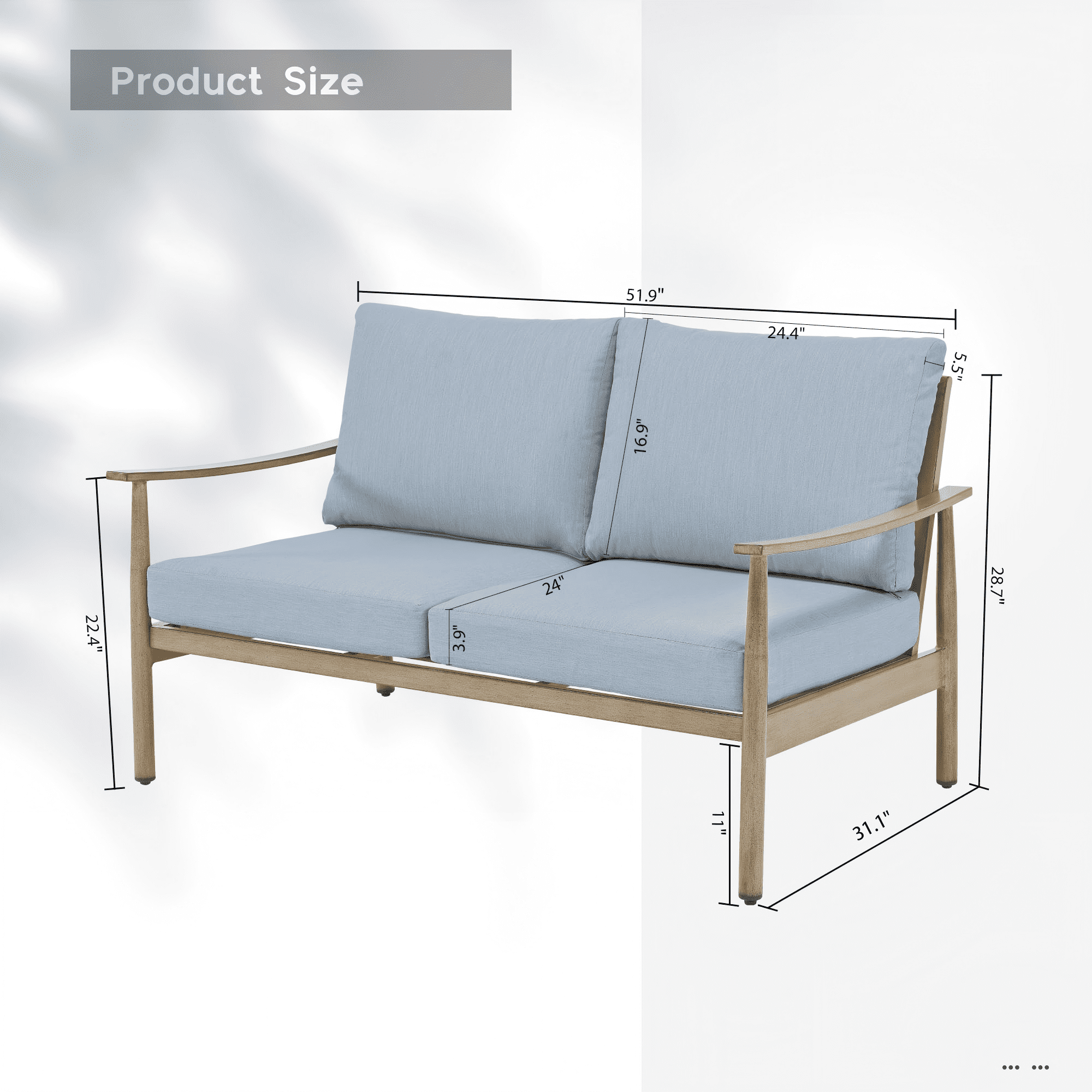 Patio Loveseat Outdoor Couch Aluminum 2 Seater Sofa with Thick Cushion Deep Seat Waterproof Patio Furniture for Deck Porch Backyard, Blue
