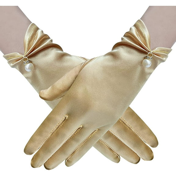 Namzi Gloves 1-Pair Pearl Gloves, Wedding Gloves, Bridal Gloves, Satin Gloves, Elegant Gloves for Formal Weddings, Evenings & Dances,Gold