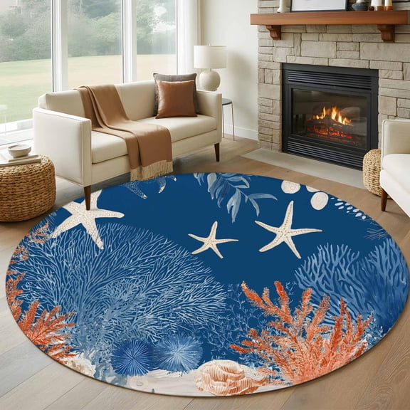 Round Area Rugs Collection 5 Ft, Orange Navy Blue Coral Non-Slip Residential Carpet, Summer Beach Coastal Ocean Starfish Indoor Crawling Mats Runner Rugs for Living Room/Dining Room/Bedroom