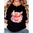 thumbnail image 1 of Women's T-shirt, Easter "Five Rabbits and Peach Blossom Tea" print, retro minimalist fashion, round neck, casual and comfortable, sports short-sleeved T-shirt, 1 of 7