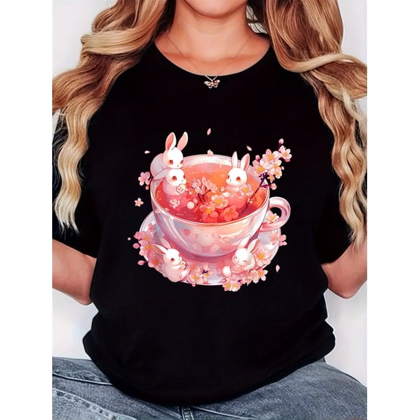 Camiseta para Mujer Traje de VeranoWomen's T-shirt, Easter "Five Rabbits and Peach Blossom Tea" print, retro minimalist fashion, round neck, casual and comfortable, sports short-sleeved T-shirtFathe