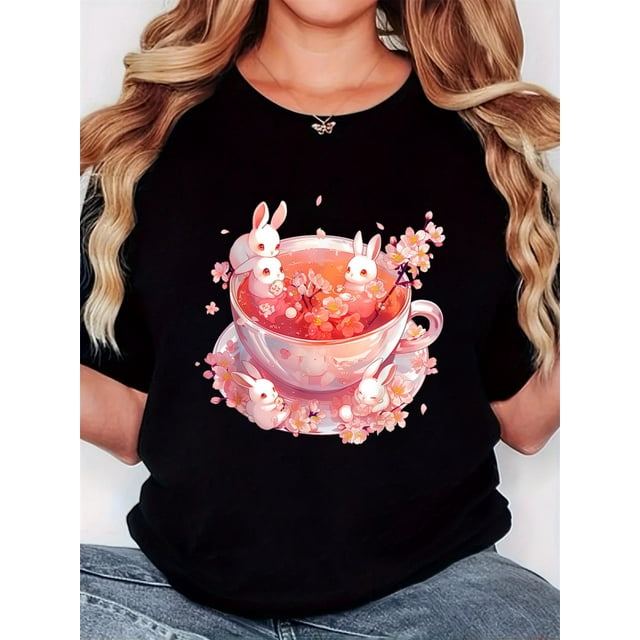 Women's T-shirt, Easter "Five Rabbits and Peach Blossom Tea" print, retro minimalist fashion, round neck, casual and comfortable, sports short-sleeved T-shirt