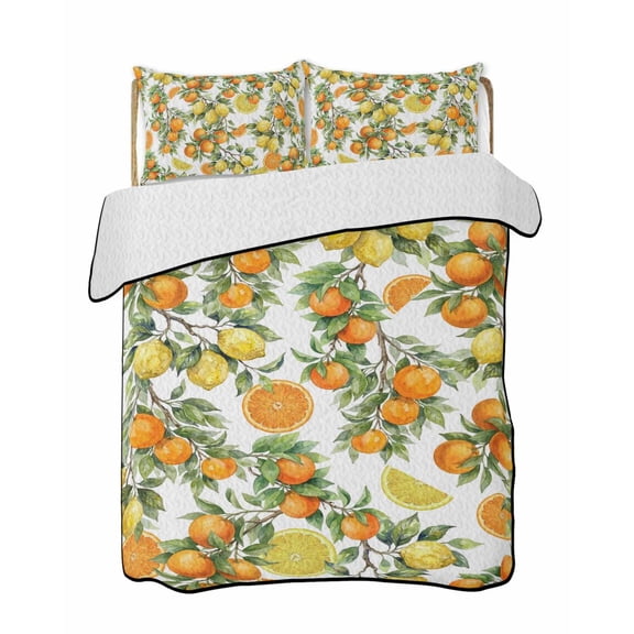 Twin Quilt Bedding Set, Orange Lemons Reversible Summer Quilt 3 Pieces, Summer Botanical Farmhouse Vintage Art Lightweight Bedspreads Coverlets with 2 Pillow Shams for All Seasons