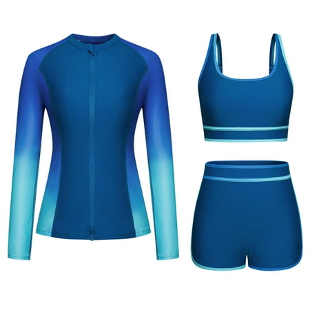 ZQGJB Women s 3 Piece Rash Guard Zip Up UPF 50+ Swim Shirt Built in Bra Retro Floral Print Long Sleeve Swimsuits Swim Skirt with Bikini Brief(Blue L)