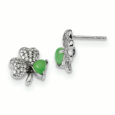 Jade Pot - Sterling Silver CZ and Green Jade Clover Post Stud Earrings (11.5 x 11.5 MM)
