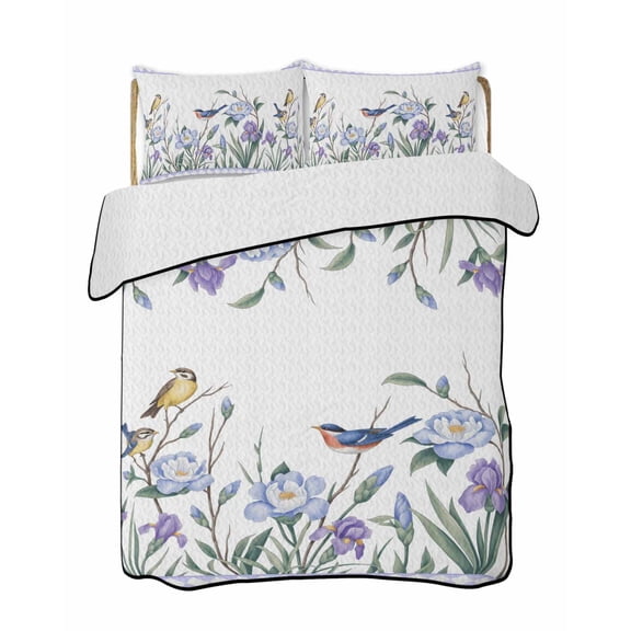 Twin XL Quilt Bedding Set, Spring Flowers Reversible Summer Quilt 3 Pieces, Vintage Blue Floral Leaves Birds Rustic Plants Lightweight Bedspreads Coverlets with 2 Pillow Shams for All Seasons