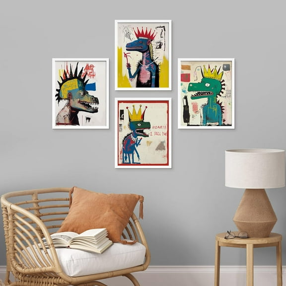 PixonSign Framed Wall Art, Vintage Retro Antique Basquiat Dinosaur Print, Set of 4 Illustration Wall Decor Prints, Multicolor Contemporary Wall Décor, for Living Room, Bedroom - 8"x10" White
