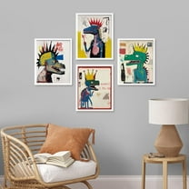 PixonSign Framed Wall Art, Vintage Retro Antique Basquiat Dinosaur Print, Set of 4 Illustration Wall Decor Prints, Multicolor Contemporary Wall Décor, for Living Room, Bedroom - 8"x10" White