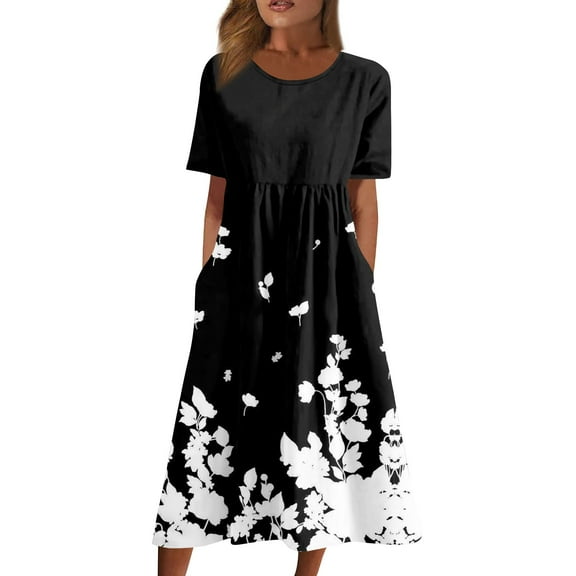 Jzuxvd Summer Plus Size Cotton Linen Dress for Women Loose Short Sleeve Midi Flowy Dresses Lace Edge Loose Ruffle Sundress Black M