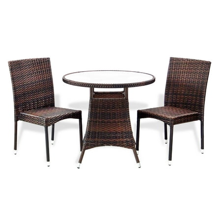 Wicker Table And Chairs SK New Interiors Outdoor Patio Set of 2 Wicker Garden Side Chairs and Dining Round Table Modern Design, Dark Brown ()