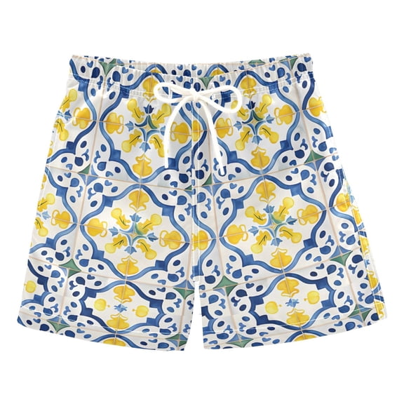 joogoo Boys Swim Trunks Bohomia Blue and Yellow Beach Board Shorts Drawstring Swimsuit 4T