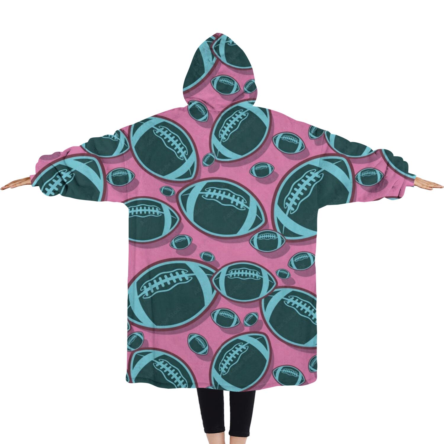 Oversized Wearable Blanket Hoodie,Football Pattern Sherpa Blanket Hoodie with Super Pockets,Super Warm Fuzzy Pullover for Women & Men