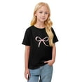 thumbnail image 3 of CCRFTGI Girls Tops Cute Short Sleeve Bow Print T Shirts Crew Neck Solid Tops Oversized Soft 5-14 Years Basic Tees Black 9-10Y, 3 of 5