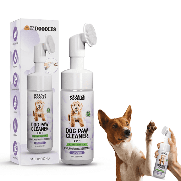 Dog Paw Cleaner (Over 100  Feet Cleanings) No-Rinse Dog Foot Washer, Gentle and Safe Paw Cleaner for Dogs and Cats, Foam Formula, Moisturizes and Deodorizes, 150mL (Lavender) [We Love Doodles]