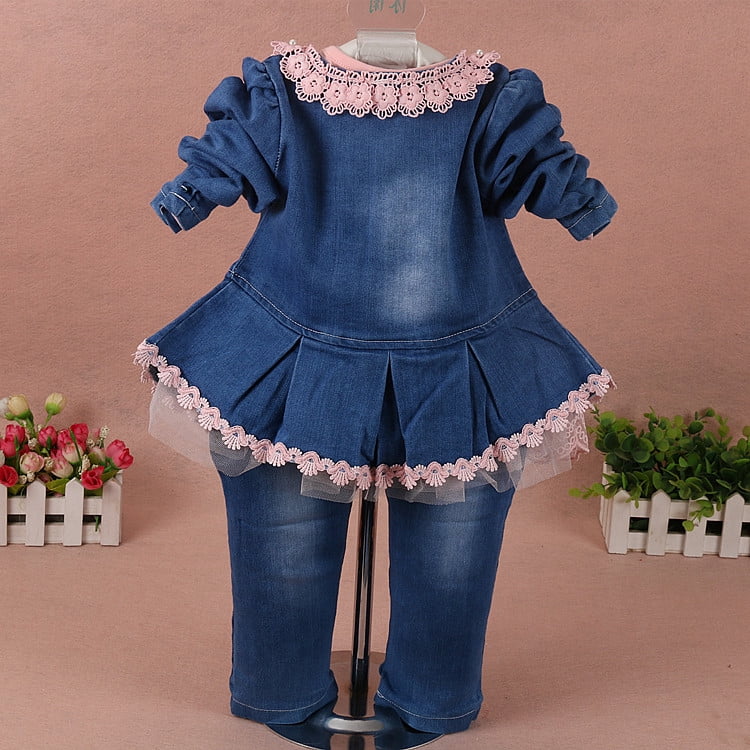 Peaoclate 6M-4Y Spring Autumn Infant Toddler Baby Girl Denim Clothing 3 pcs Sets 3 pcs Casual Outfits Lace Dress Jacket and Jeans,2-3Years,Flower-Pink