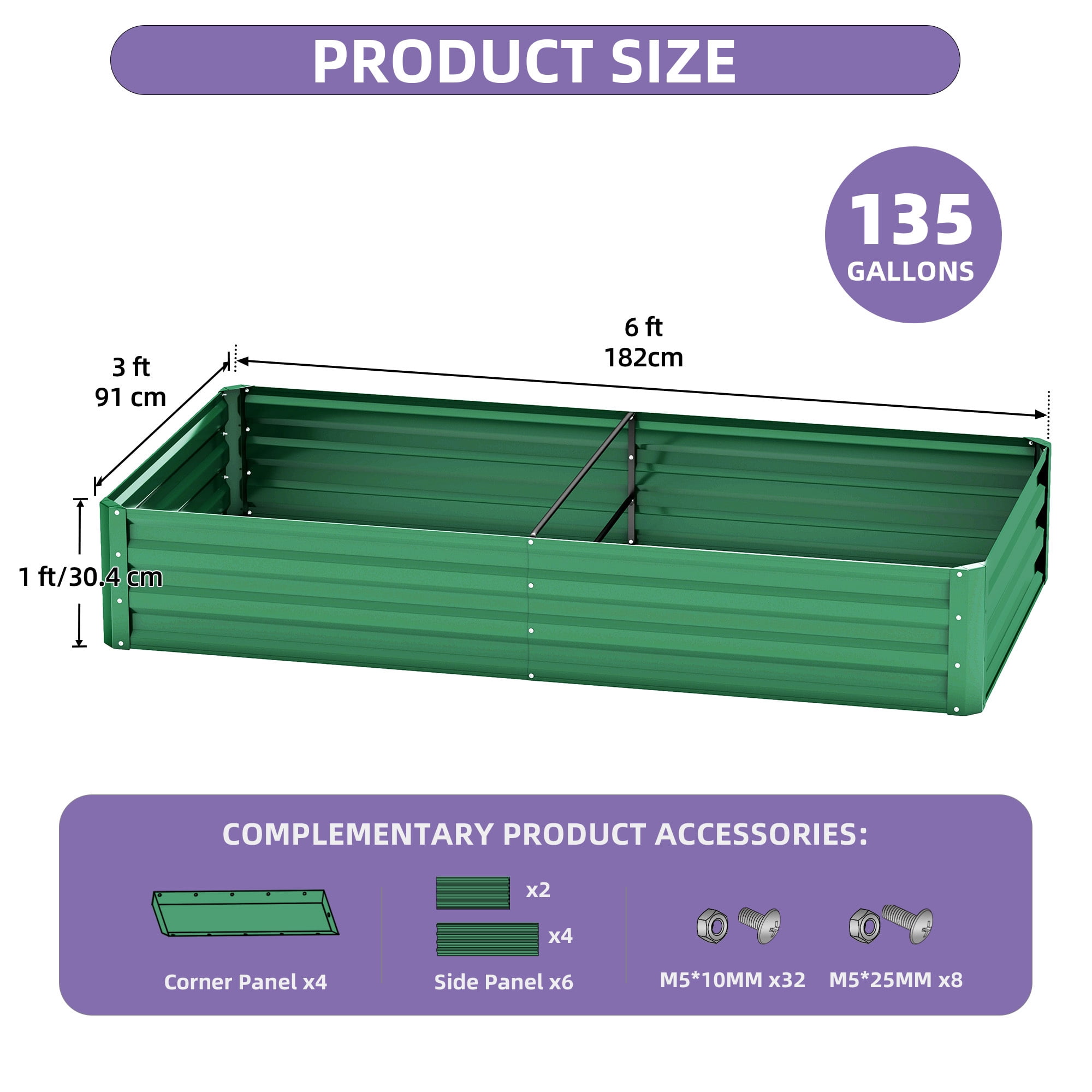 Uforic 6x3x1 Ft 2 Pieces Galvanized Metal Raised Garden Bed Kit with Free Gloves Green