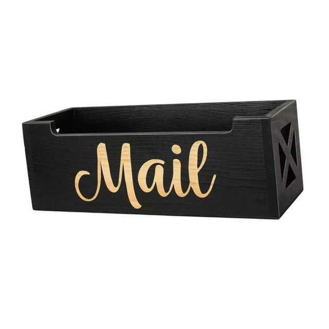 Organizador de correo de madera, soporte de pared o escritorio para mostrador, cesta de correo negra ligera, caja rústica multifuncional para cartas