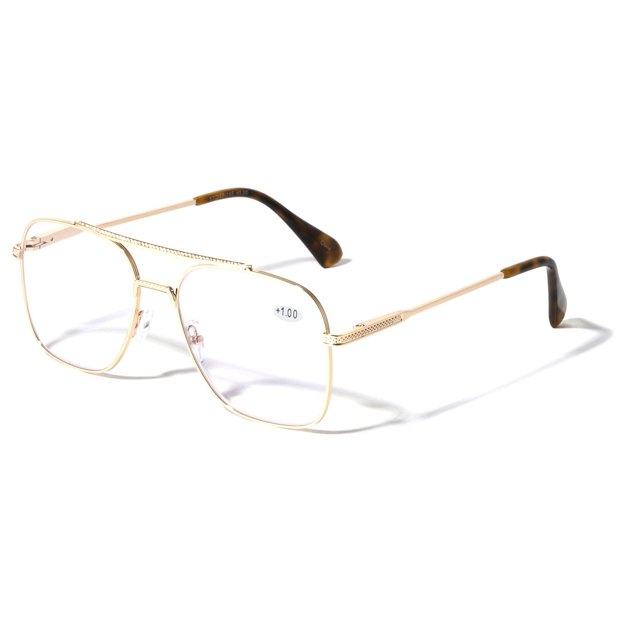 Square Metal Blue Light Blocking Reading Glasses - UV Protection Clear Lens Reader +1.00