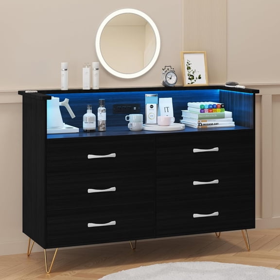 Homhougo Dresser for Bedroom with LED Light & Charging Station, 6 Drawers Wooden Dressers with Open Space, Modern Chest of Double Wide Drawers for Living Room, Entryway, Hallway TV Stand, Black