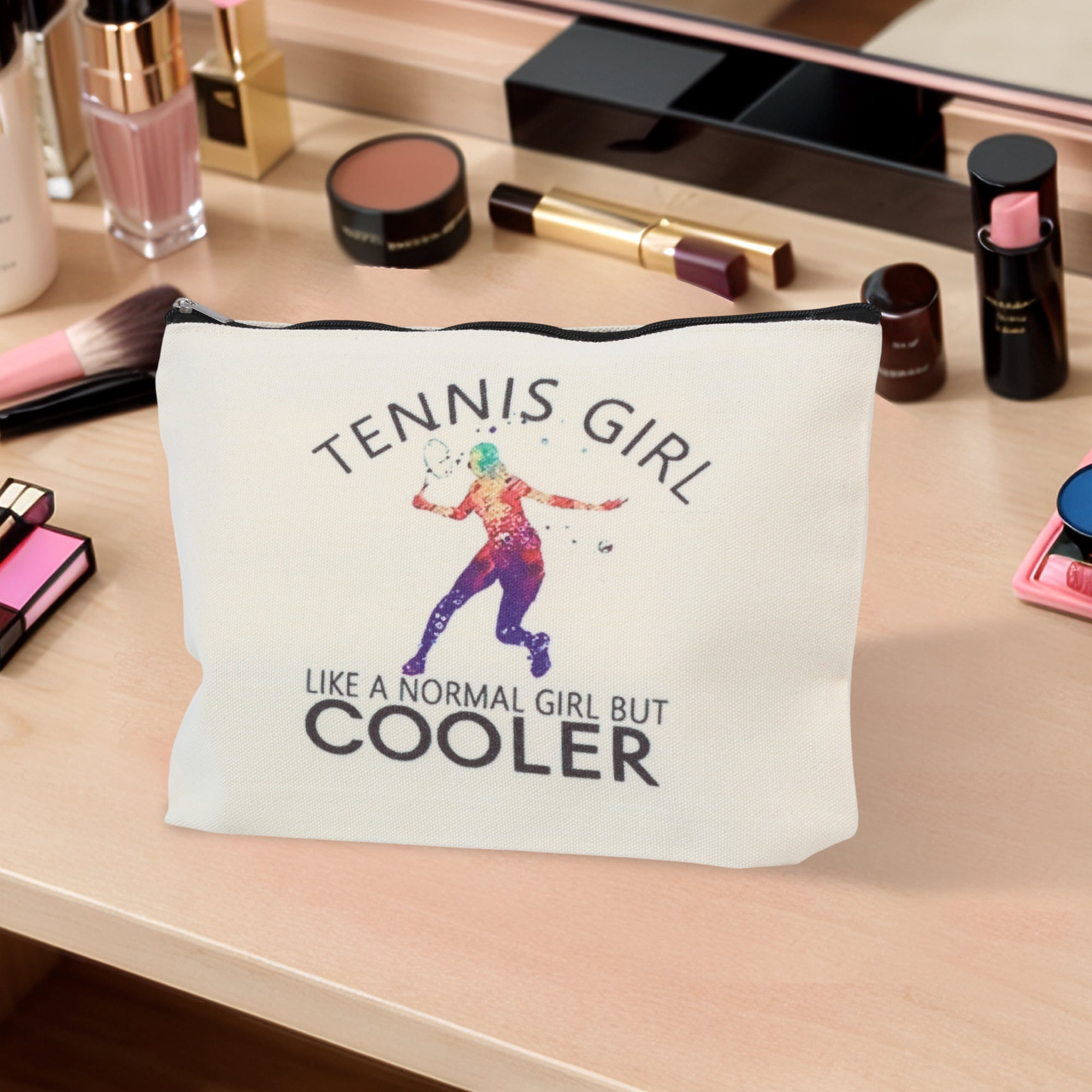 Unique Bargains 1 Pc Durable Tennis Figure Pattern Makeup Bag in Beige Color for Women