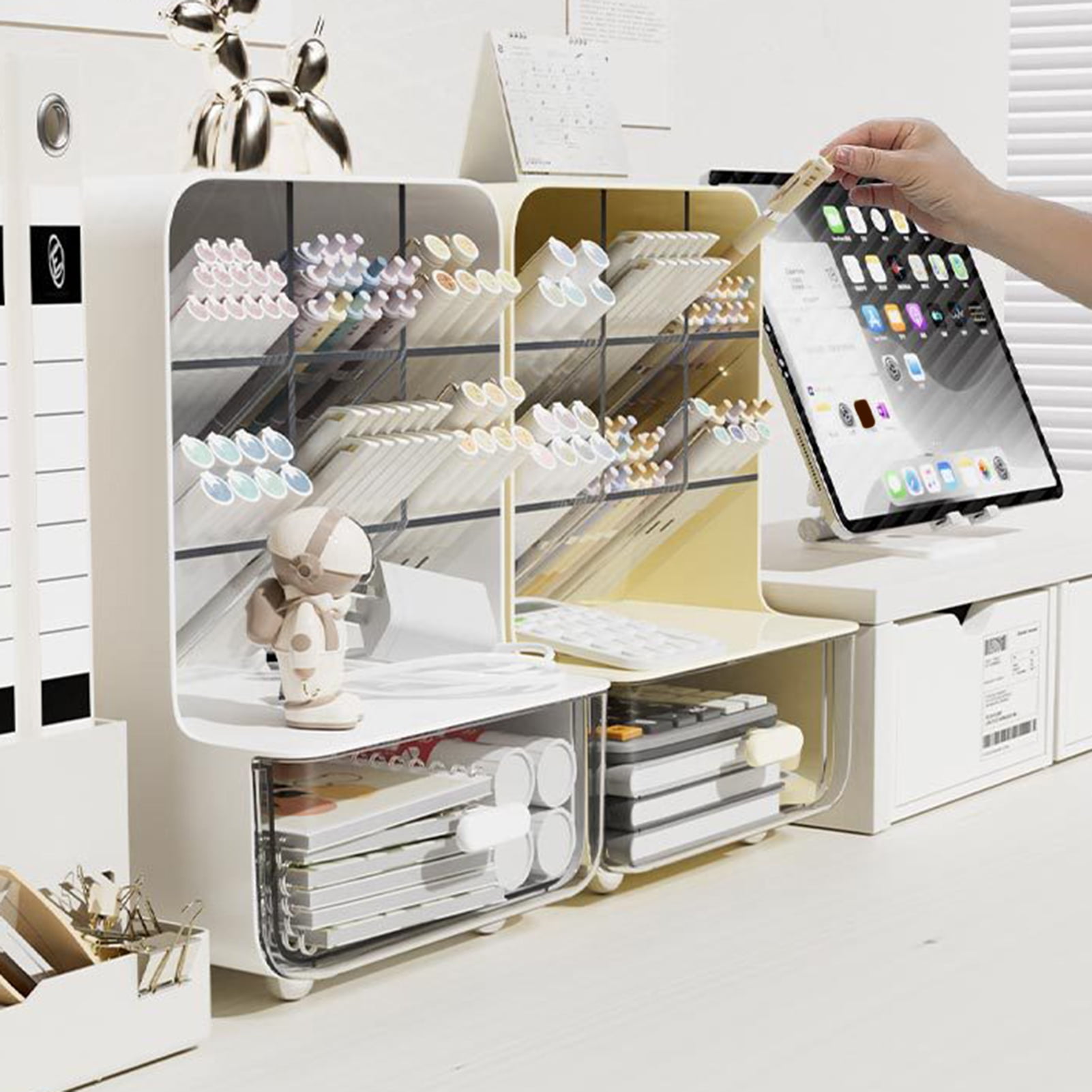 Naierhg Slant Pen Holder Desk Stationery Storage Box with Transparent Drawer Large Capacity Dust-Proof Storage Rack Desk Organizer